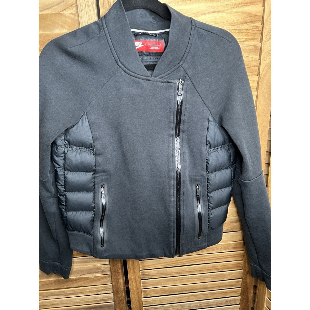 Womens NIKE TECH Black 800 Fill Feather Down Aeroloft Moto Bomber Jacket SZ S